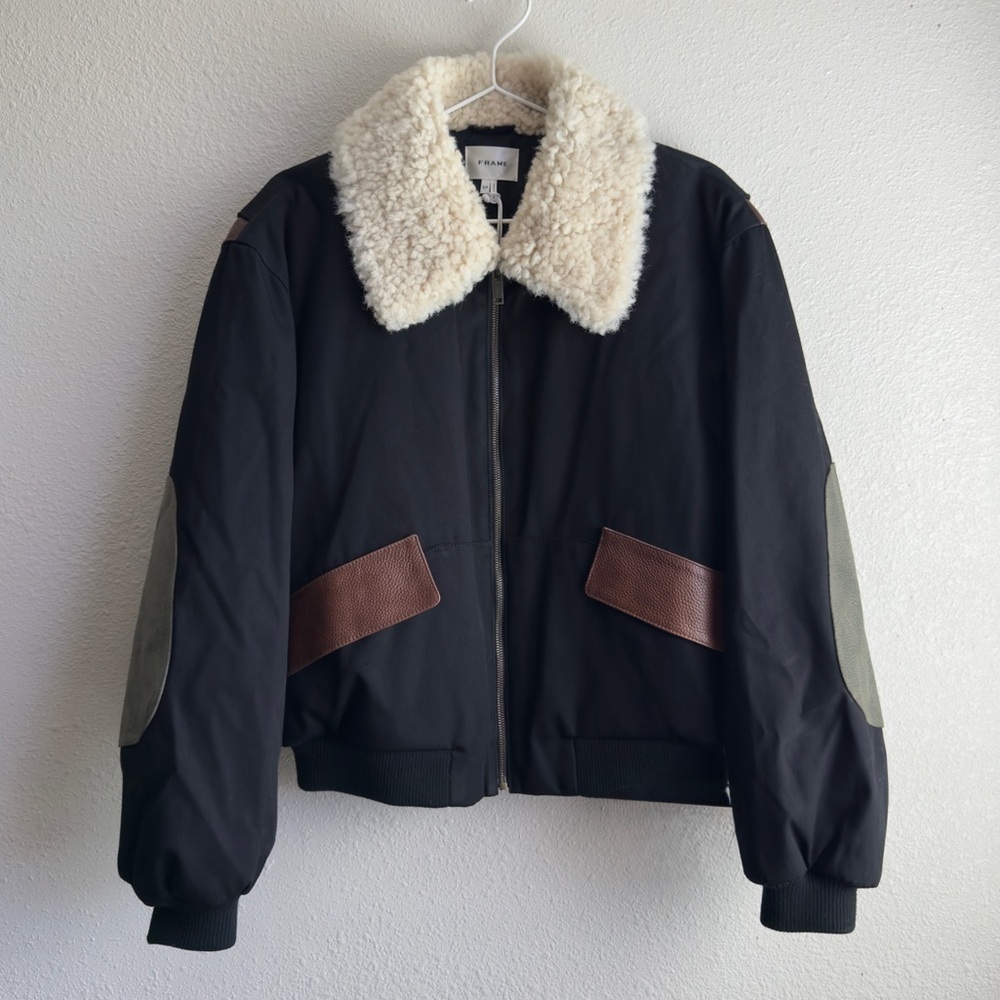 FRAME Luxury Shearling Leather Bomber Jacket - Picture 4 of 15